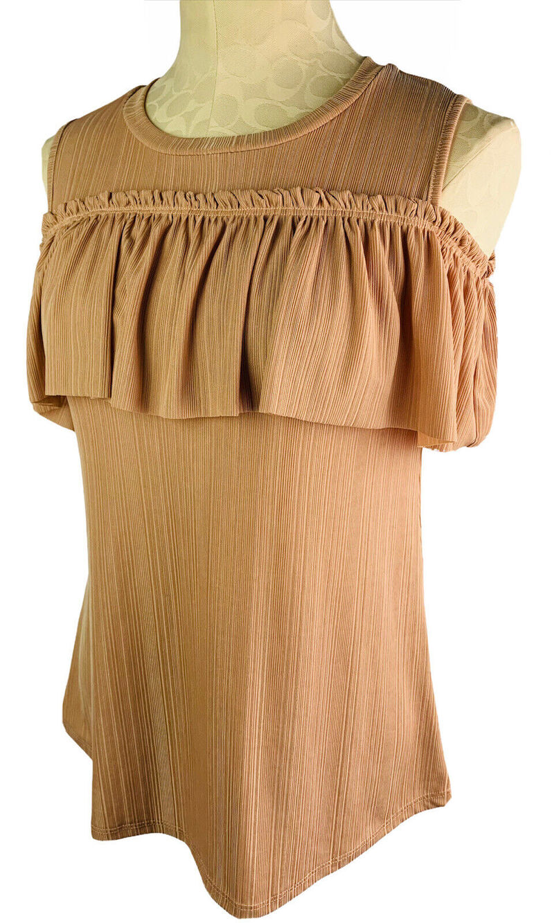 Medium Moon River Womens Cold Shoulder Taupe Beige Ruffle Top Shirt